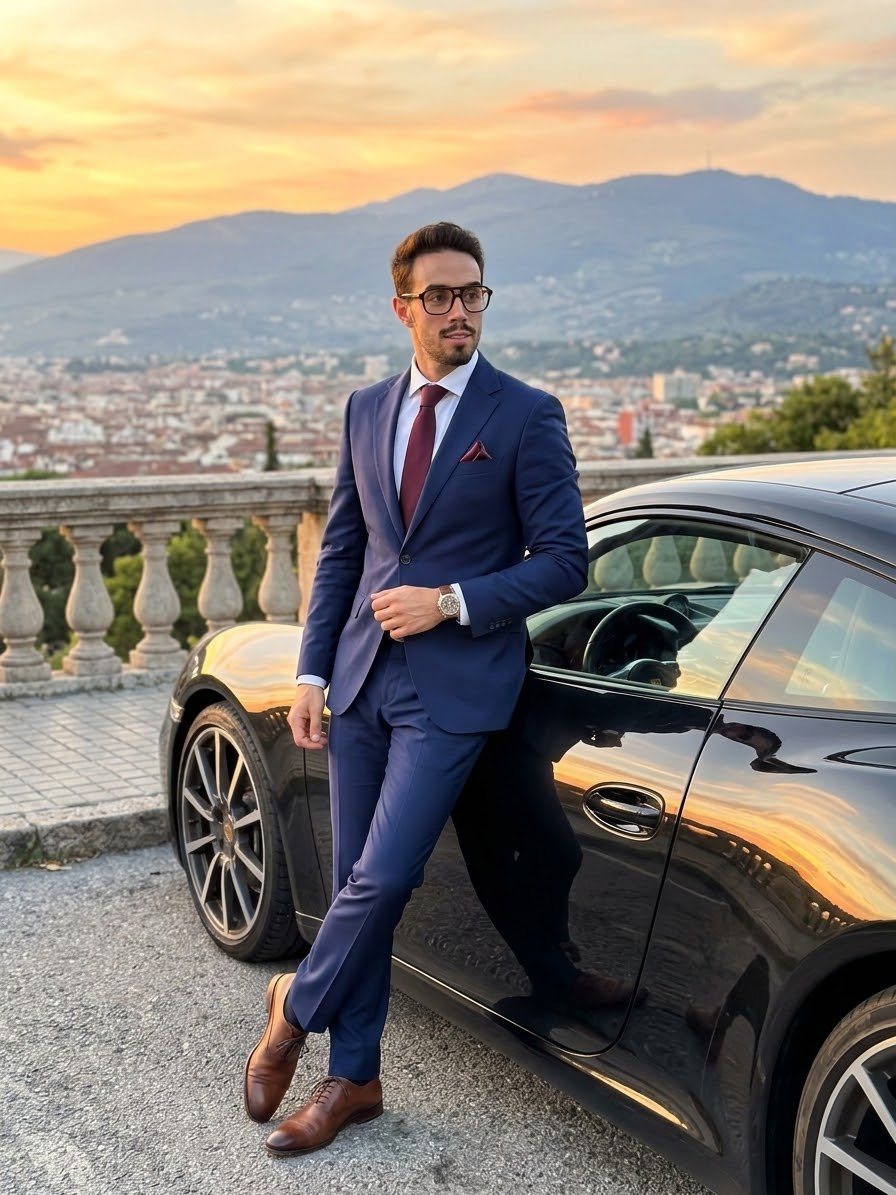 Profesional con traje frente a una ciudad al atardecer